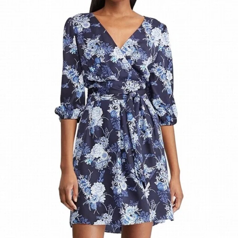 NWT American Living Navy Blue Rose Floral Tie Waist Dress Size 14